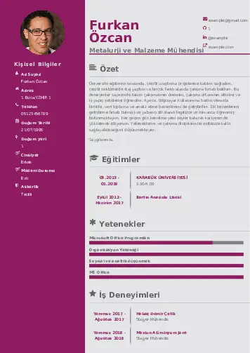 Metalürji Ve Malzeme Mühendisliği Cv Örnekleri cv indir